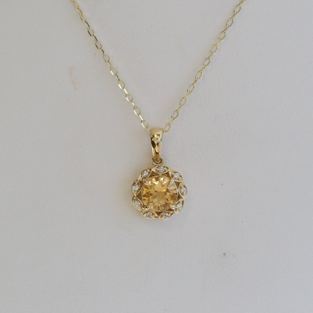 American Jewelry 14k Yellow Gold 1.05ct Citrine .05ctw Diamond Halo Necklace