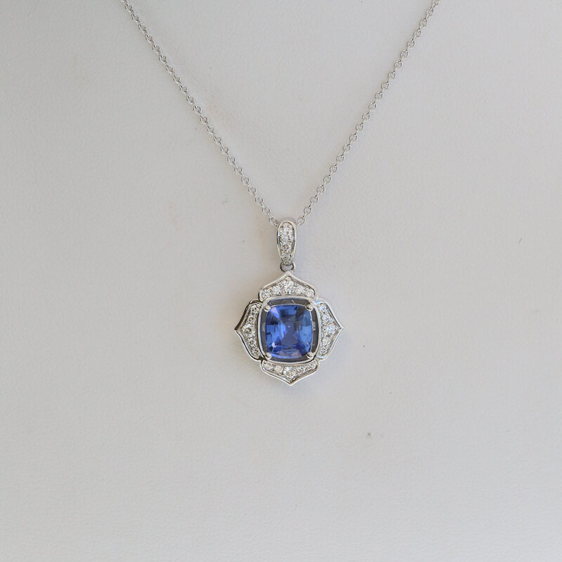 American Jewelry 18/14k White Gold 1.43ct Sapphire .25ctw Diamond Flower Necklace
