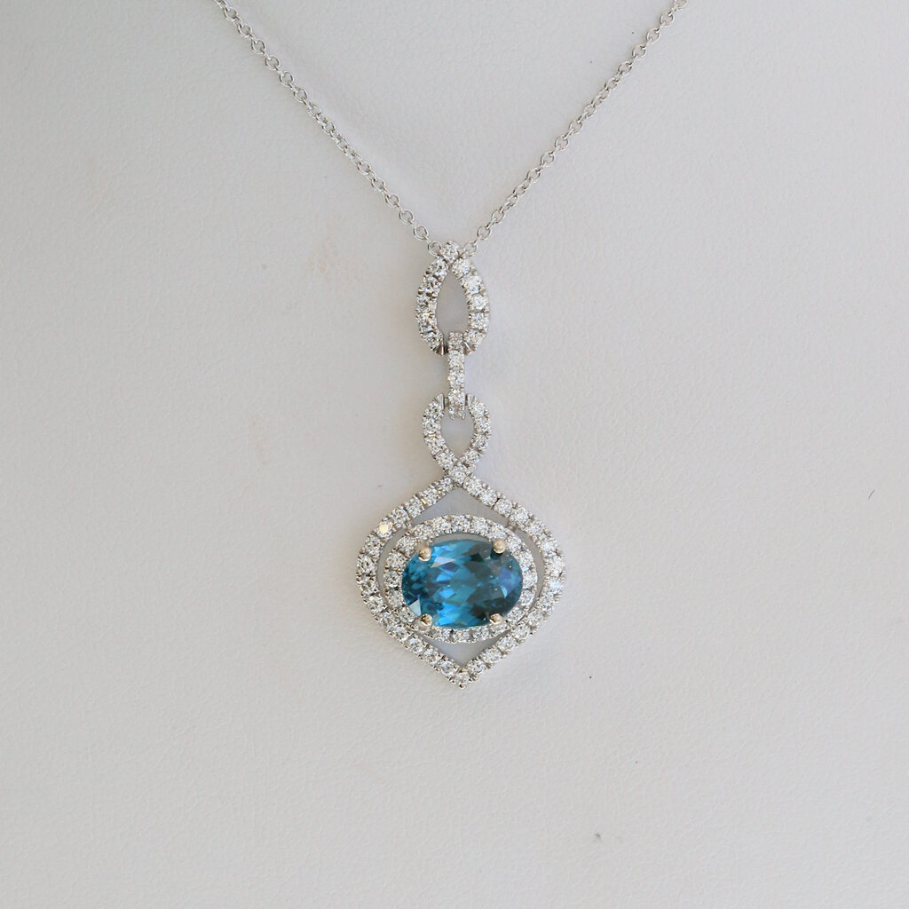 American Jewelry 18/14k White Gold 3.45ct Blue Topaz .63ctw Diamond Openwork Design Necklace