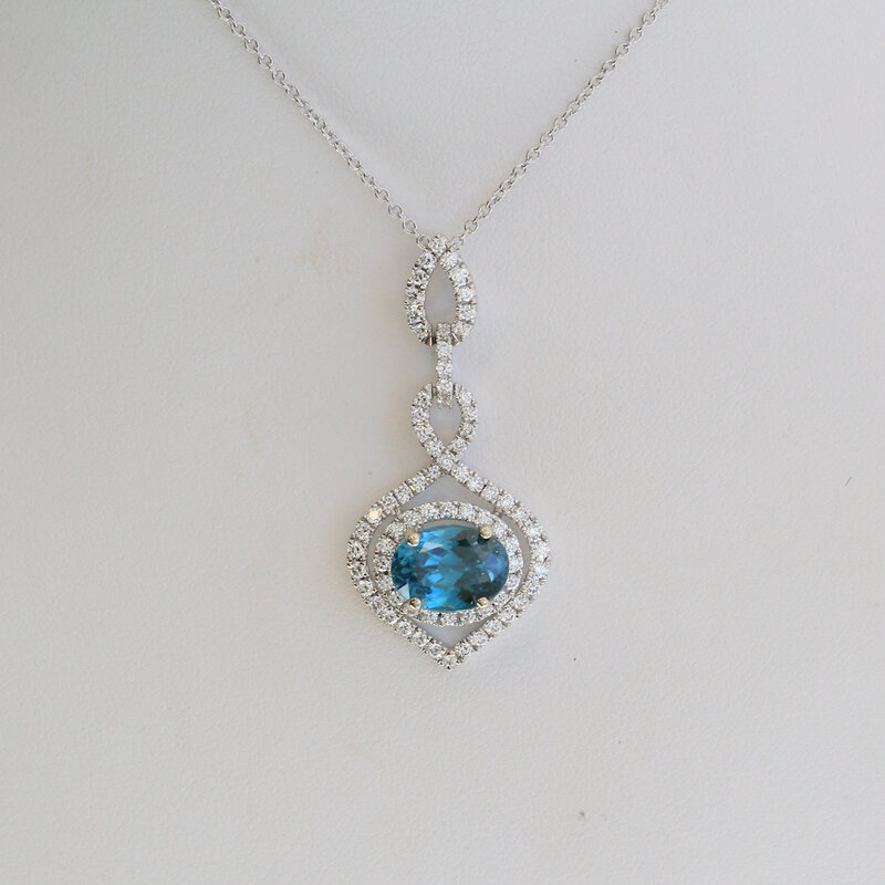 American Jewelry 18/14k White Gold 3.45ct Blue Topaz .63ctw Diamond Openwork Design Necklace