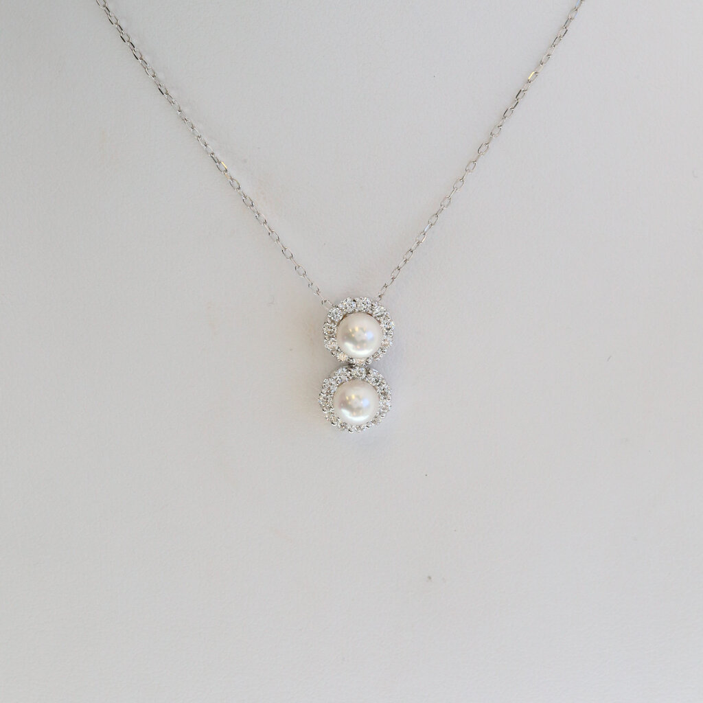 American Jewelry 18/14k White Gold 5-5.5mm Akoya Pearl .50ctw Diamond Double Halo Dangle Necklace