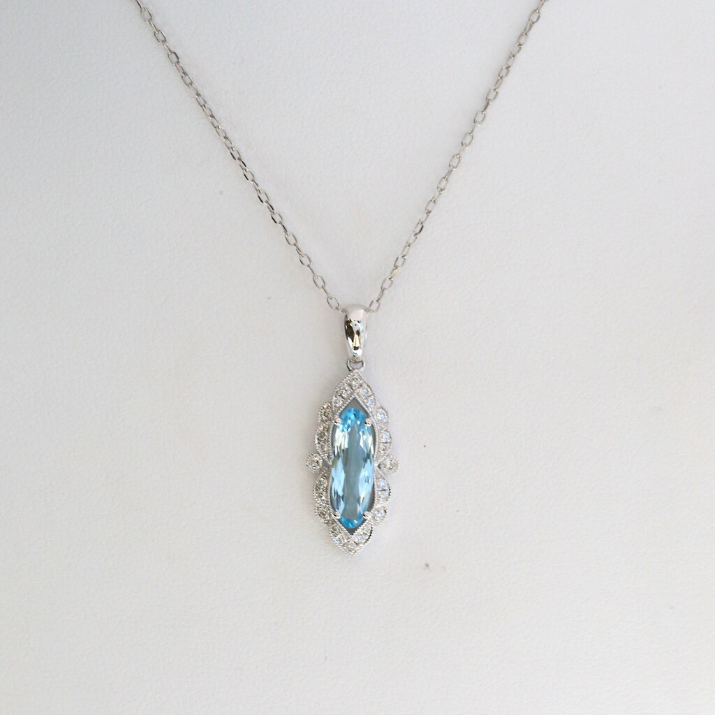 American Jewelry 14k White Gold 1.36ct Blue Topaz .17ctw Diamond Marquise Milgrain Necklace