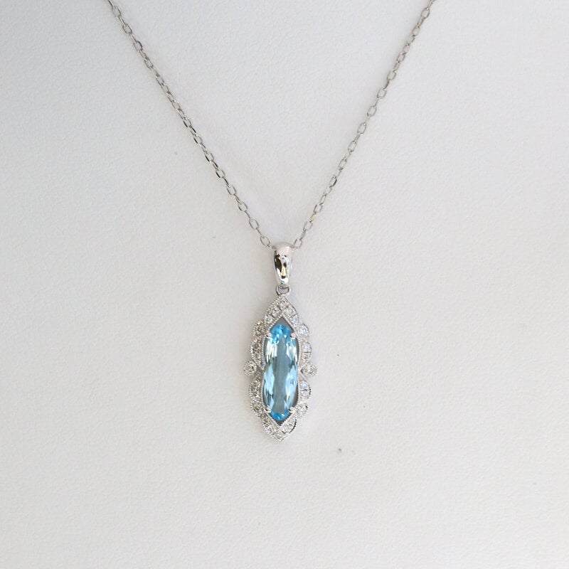 American Jewelry 14k White Gold 1.36ct Blue Topaz .17ctw Diamond Marquise Milgrain Necklace