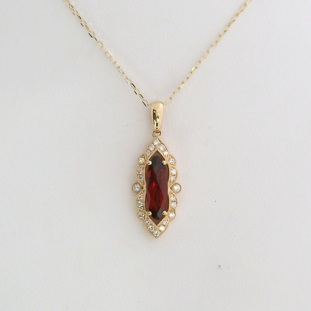 American Jewelry 14k Yellow Gold 1.33ct Garnet .17ctw Diamond Marquise Halo Milgrain Necklace
