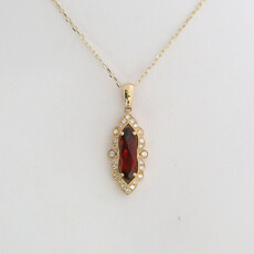 American Jewelry 14k Yellow Gold 1.33ct Garnet .17ctw Diamond Marquise Halo Milgrain Necklace