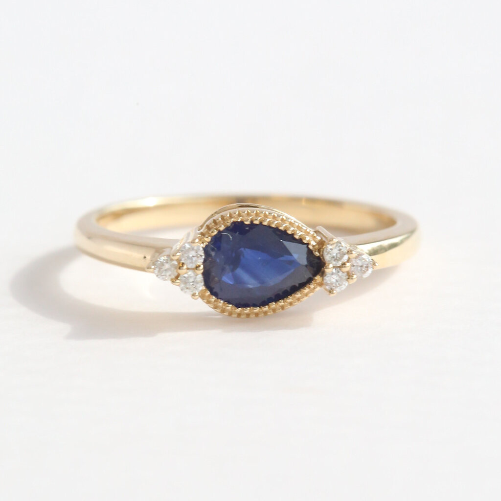 American Jewelry 14k Yellow Gold .85ct Sapphire .07ctw Diamond Accent Pear Milgrain Ring