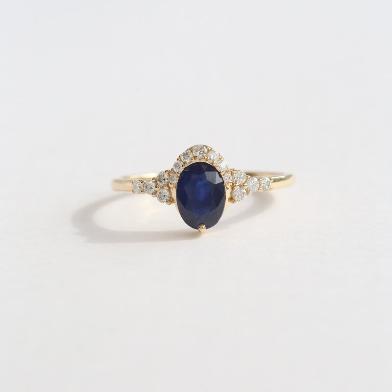 American Jewelry 14k Yellow Gold .95ct Sapphire .16ctw Diamond Half Halo Ring