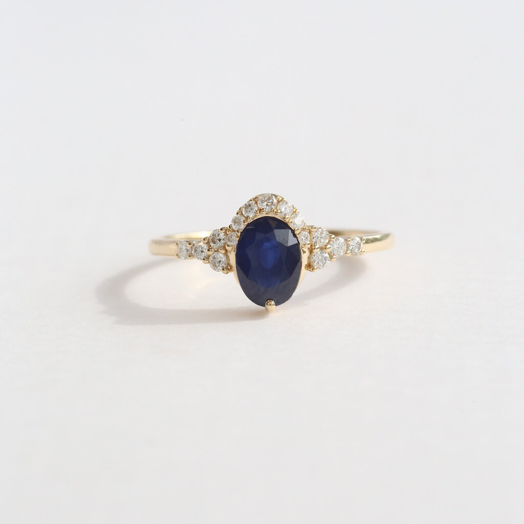 American Jewelry 14k Yellow Gold .95ct Sapphire .16ctw Diamond Half Halo Ring