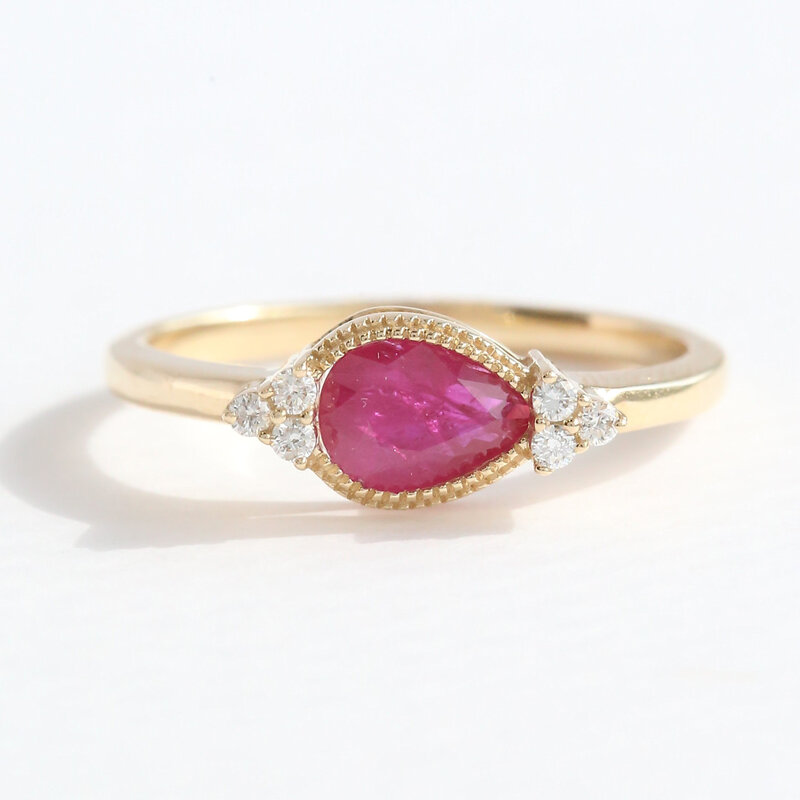 American Jewelry 14k Yellow Gold .75ct Ruby .07ctw Diamond Pear Milgrain Ring
