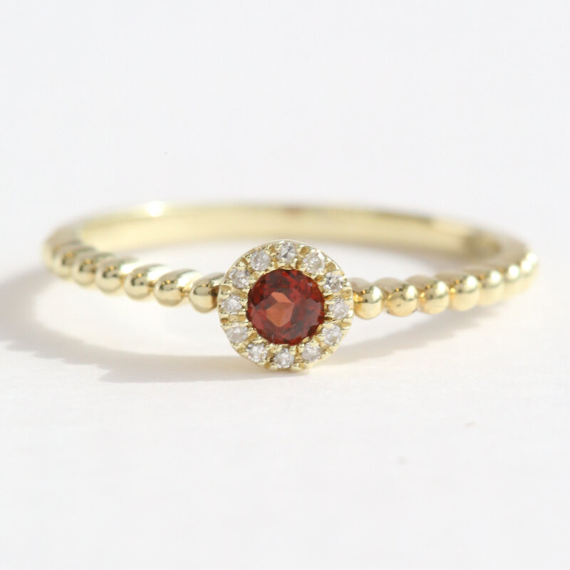 American Jewelry 14k Yellow Gold .16ct Garnet .03ctw Diamond Accent Petite Halo Beaded Ring