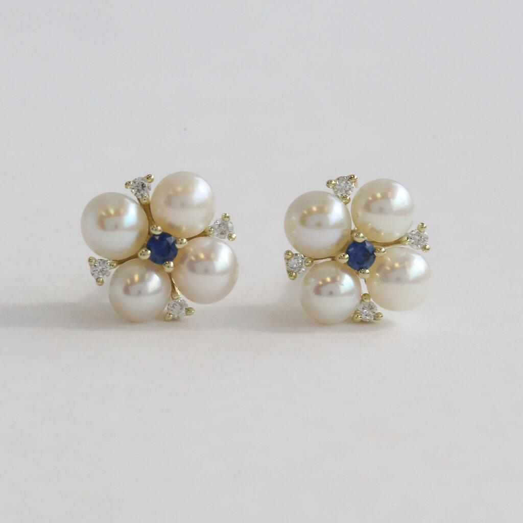 American Jewelry 14k Yellow Gold .09ct Diamond .10ct Sapphire Akoya Pearl Stud Earrings