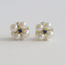 American Jewelry 14k Yellow Gold .09ct Diamond .10ct Sapphire Akoya Pearl Stud Earrings