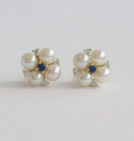 American Jewelry 14k Yellow Gold .09ct Diamond .10ct Sapphire Akoya Pearl Stud Earrings