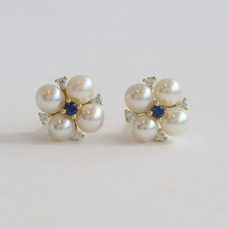 American Jewelry 14k Yellow Gold .09ct Diamond .10ct Sapphire Akoya Pearl Stud Earrings