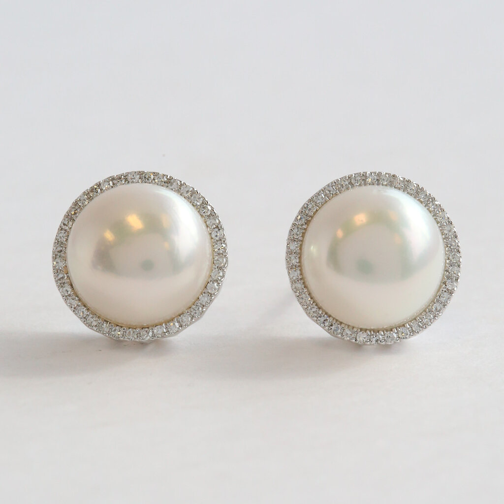 American Jewelry 14k White Gold Akoya Pearl .20ctw Diamond Halo Stud Earrings