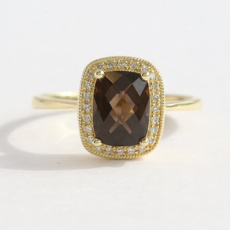 American Jewelry 14k Yellow Gold 1.27ct Smokey Quartz .07ctw Diamond Halo Ring