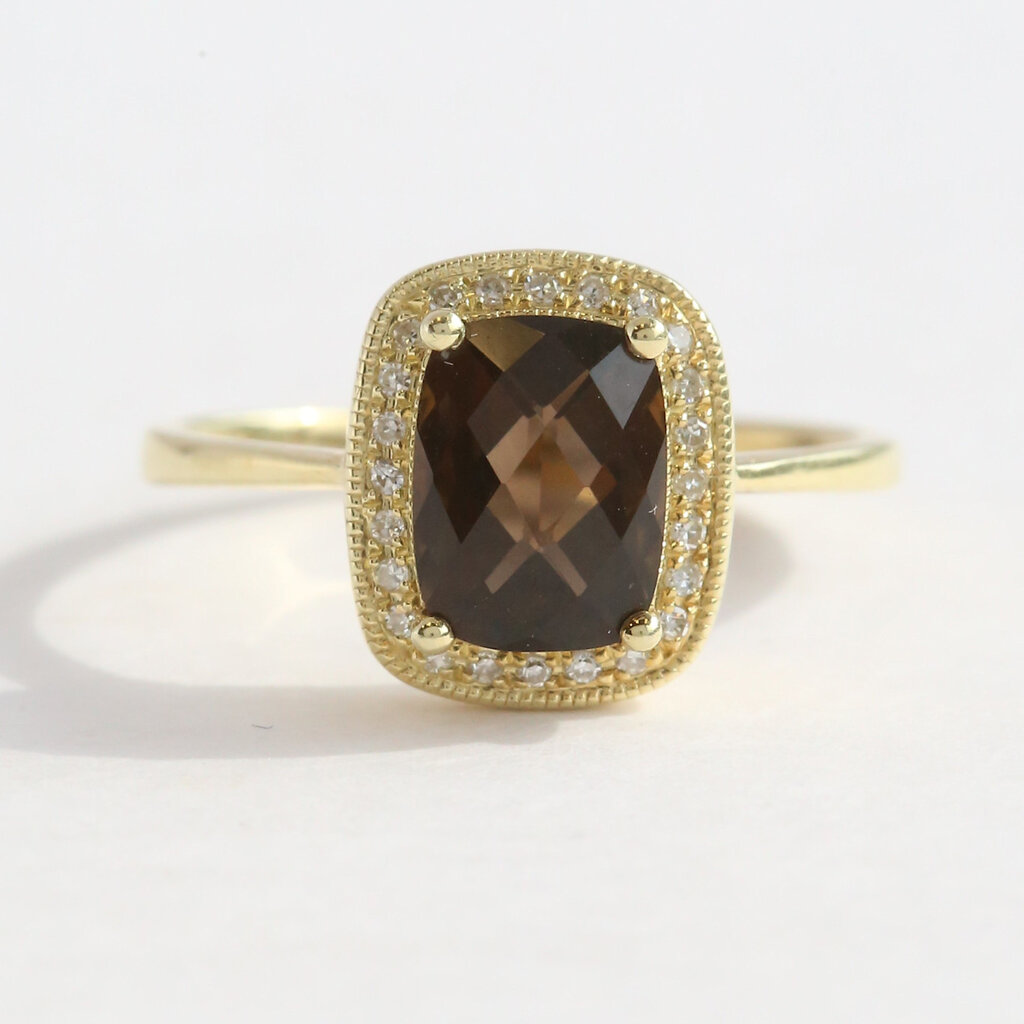 American Jewelry 14k Yellow Gold 1.27ct Smokey Quartz .07ctw Diamond Halo Ring