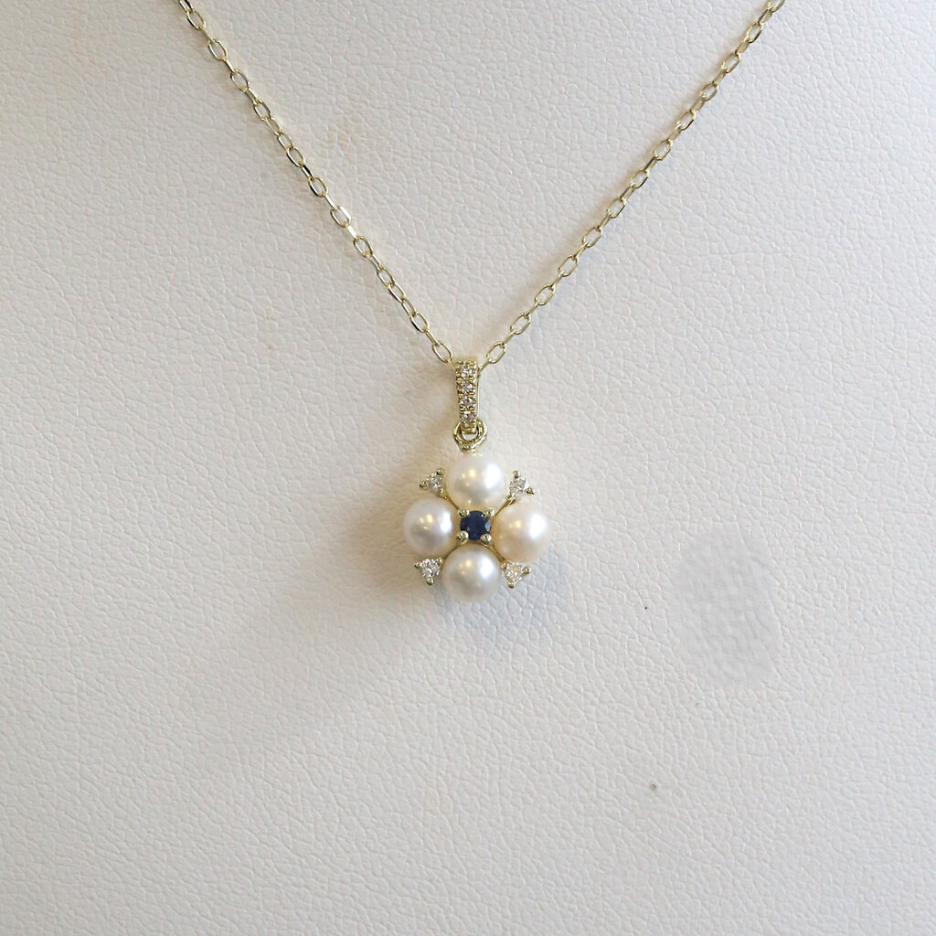 American Jewelry 14k Yellow Gold Akoya Pearl Sapphire Diamond Accent Necklace