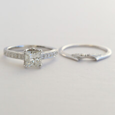 American Jewelry 18k White Gold 1.42ctw (1.05 I/VS2 GIA Ctr) Princess Cut Diamond Solitaire Engagement Ring Wedding Band Set