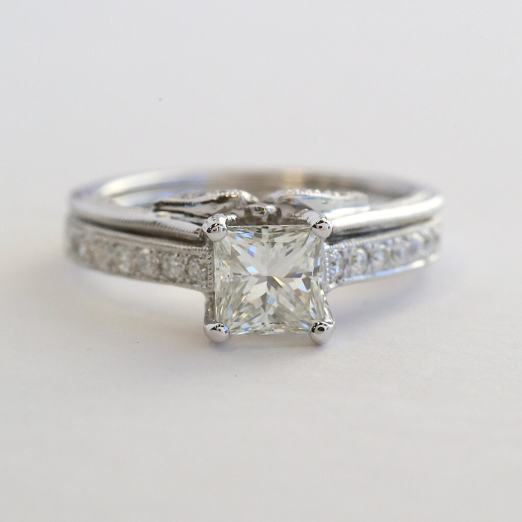 American Jewelry 18k White Gold 1.42ctw (1.05 I/VS2 GIA Ctr) Princess Cut Diamond Solitaire Engagement Ring Wedding Band Set