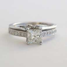 American Jewelry 18k White Gold 1.42ctw (1.05 I/VS2 GIA Ctr) Princess Cut Diamond Solitaire Engagement Ring Wedding Band Set