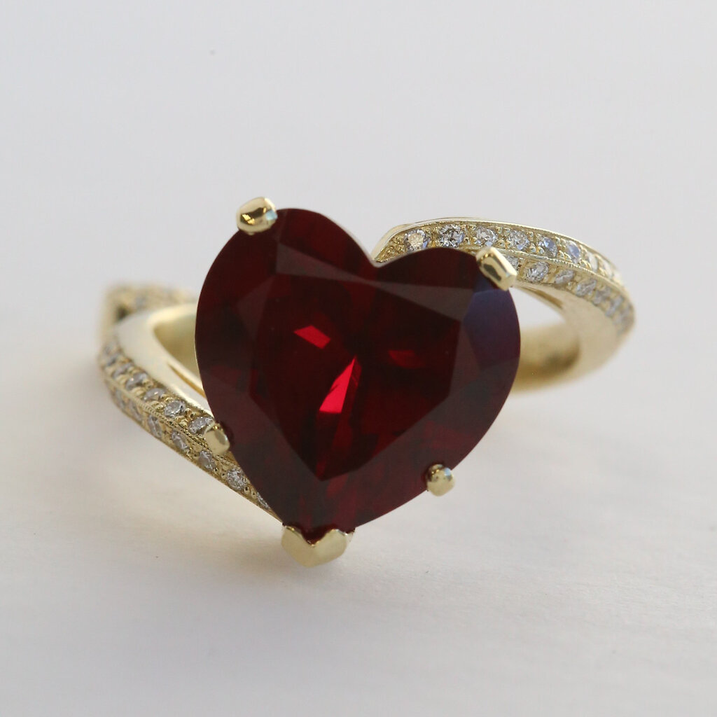 American Jewelry 18k Yellow Gold Lab Grown Ruby & .50ctw Diamond Bypass Heart Ring