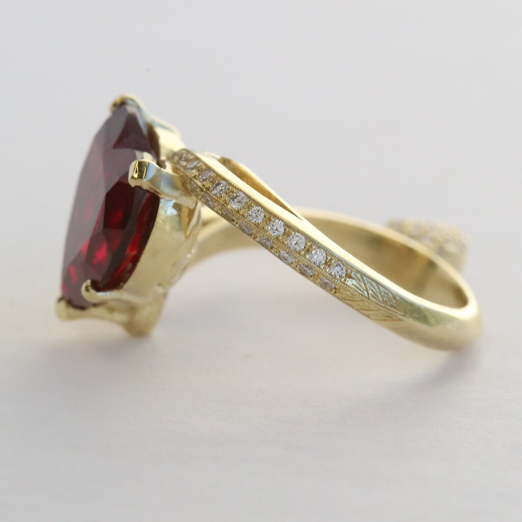 American Jewelry 18k Yellow Gold Lab Grown Ruby & .50ctw Diamond Bypass Heart Ring