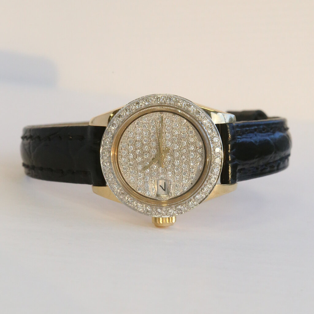Rolex Pre-Owned Rolex Ladies President with Custom Diamond Dial & Bezel & Black Leather Strap