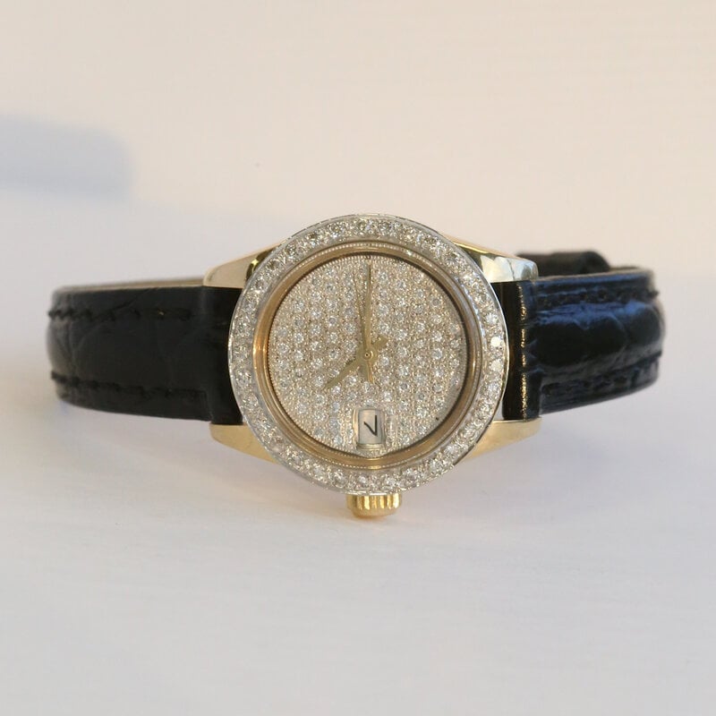 Rolex Pre-Owned Rolex Ladies President with Custom Diamond Dial & Bezel & Black Leather Strap
