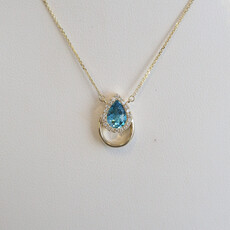 American Jewelry 14k Yellow Gold .76ct  Blue Topaz .10ctw Diamond Pear Halo Openwork Necklace