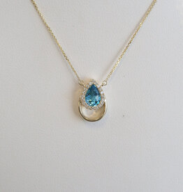 American Jewelry 14k Yellow Gold .76ct  Blue Topaz .10ctw Diamond Pear Halo Openwork Necklace