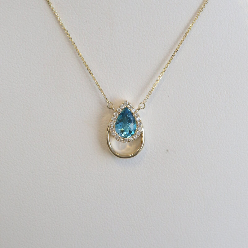 American Jewelry 14k Yellow Gold .76ct  Blue Topaz .10ctw Diamond Pear Halo Openwork Necklace