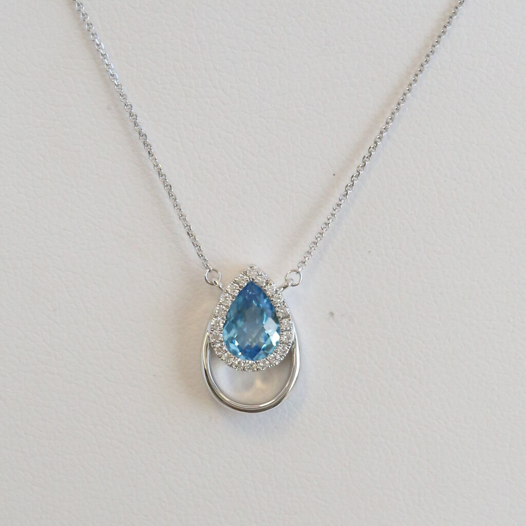 American Jewelry 14k White Gold .76ct Blue Topaz .10ctw Diamond Pear Openwork Necklace