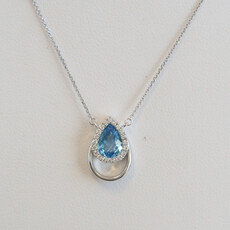 American Jewelry 14k White Gold .76ct Blue Topaz .10ctw Diamond Pear Openwork Necklace