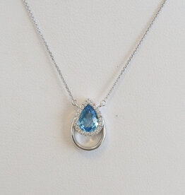American Jewelry 14k White Gold .76ct Blue Topaz .10ctw Diamond Pear Openwork Necklace