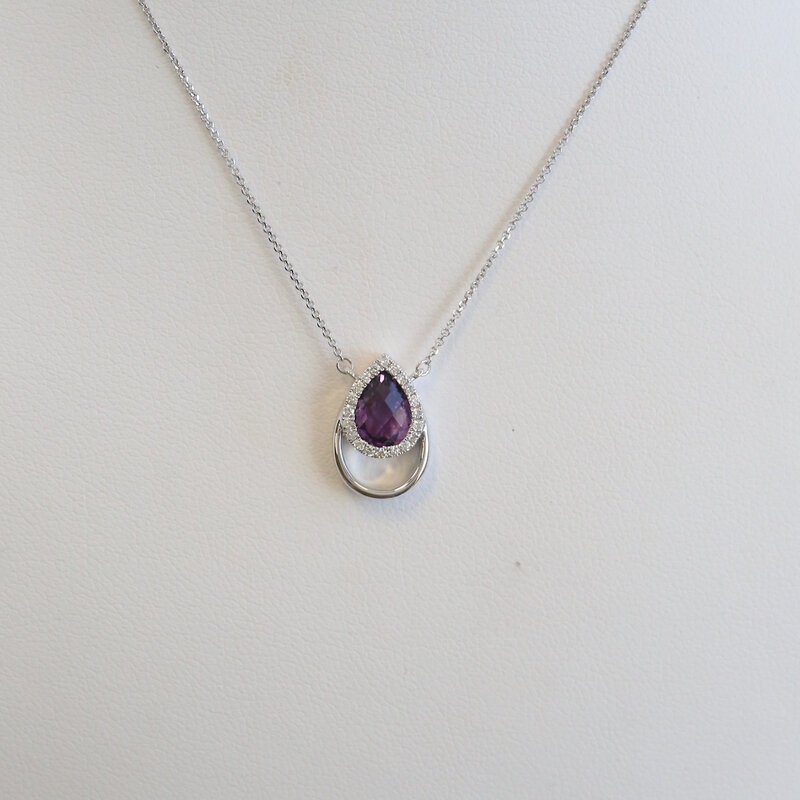 American Jewelry 14k White Gold .76ct Amethyst .10ctw Diamond Halo Pear Necklace