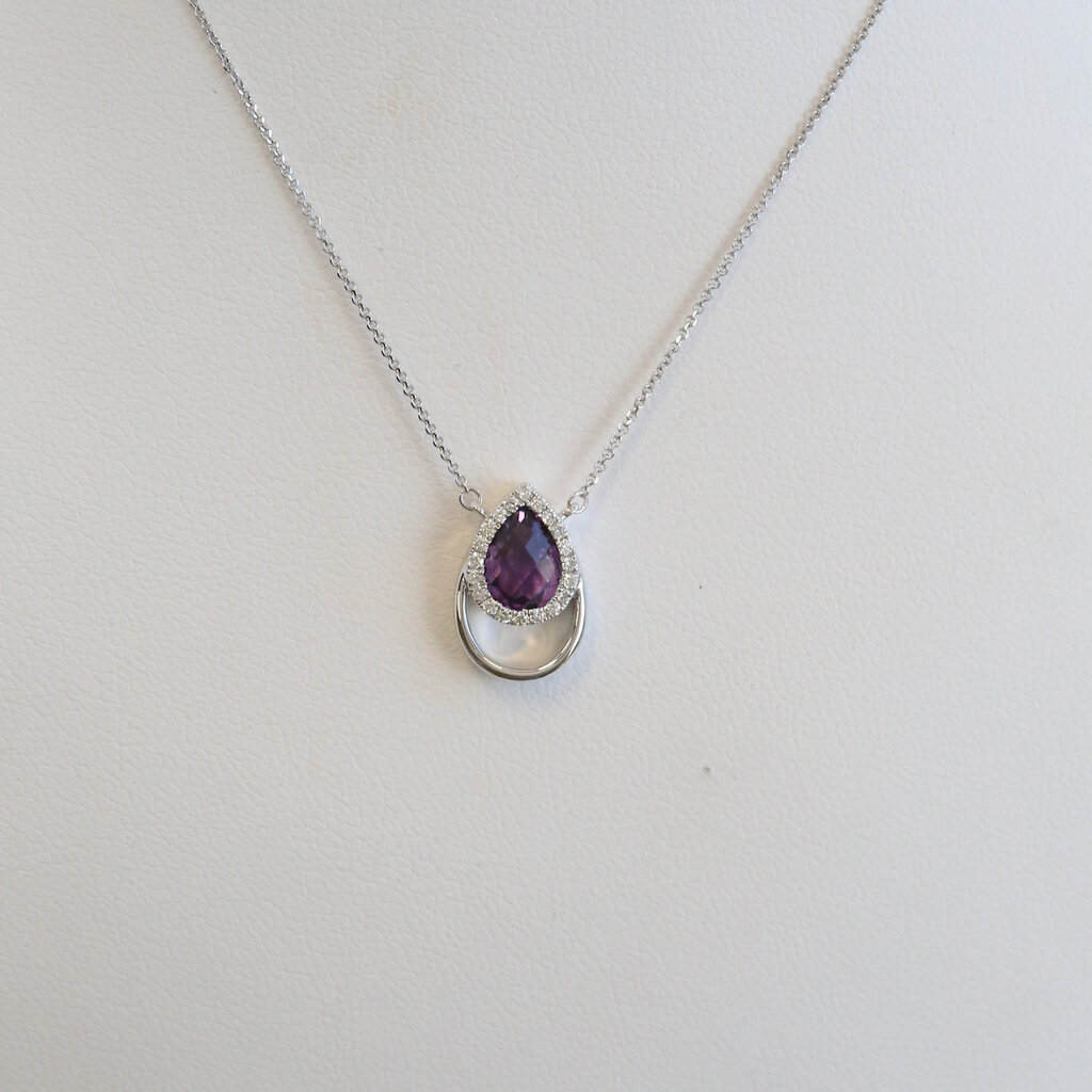 American Jewelry 14k White Gold .76ct Amethyst .10ctw Diamond Halo Pear Necklace