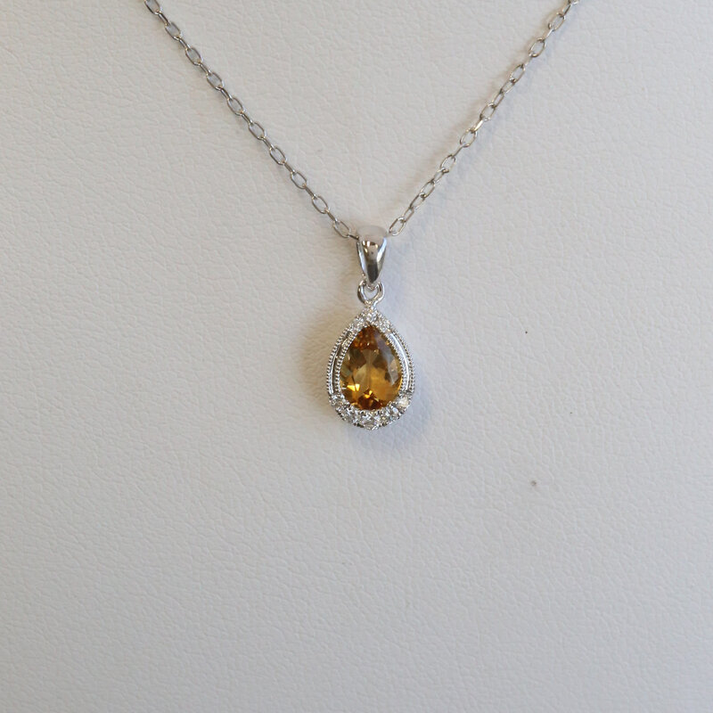 American Jewelry 14k Yellow Gold .69ct Citrine .08ctw Diamond Pear Milgrain Necklace