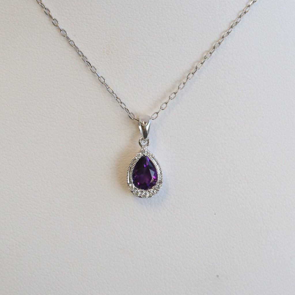 American Jewelry 14k White Gold .69ct Amethyst .08ctw Diamond Pear Milgrain Necklace