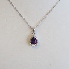 American Jewelry 14k White Gold .69ct Amethyst .08ctw Diamond Pear Milgrain Necklace