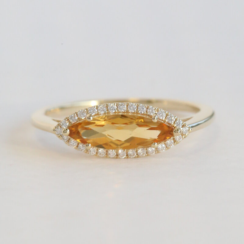 American Jewelry 14k Yellow Gold 1.35ct Citrine .11ctw Diamond Marquise East to West Halo Ring