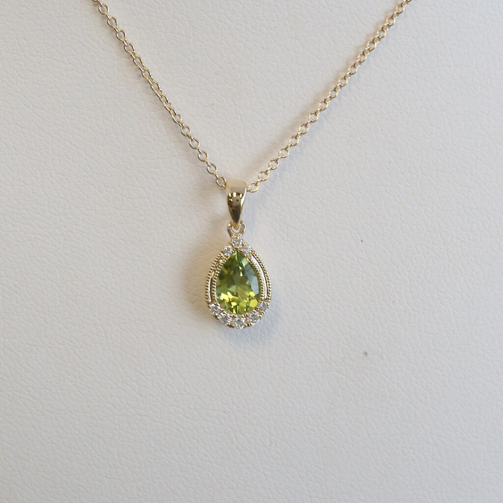 American Jewelry 14k Yellow Gold .69ct Peridot .09ctw Diamond Milgrain Pear Necklace