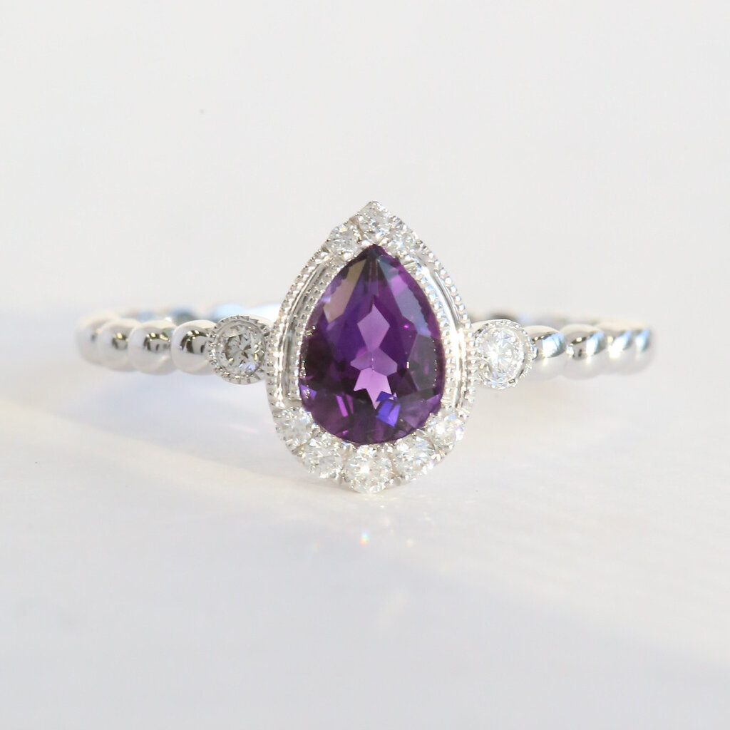 American Jewelry 14k White Gold .69ct Amethyst .12ctw Diamond Milgrain Pear Beaded Ring