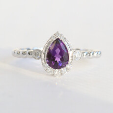 American Jewelry 14k White Gold .69ct Amethyst .12ctw Diamond Milgrain Pear Beaded Ring