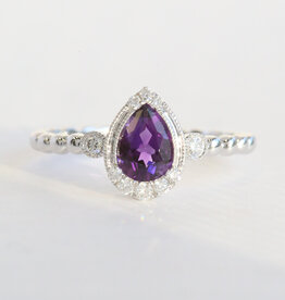 American Jewelry 14k White Gold .69ct Amethyst .12ctw Diamond Milgrain Pear Beaded Ring