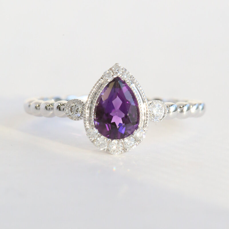 American Jewelry 14k White Gold .69ct Amethyst .12ctw Diamond Milgrain Pear Beaded Ring