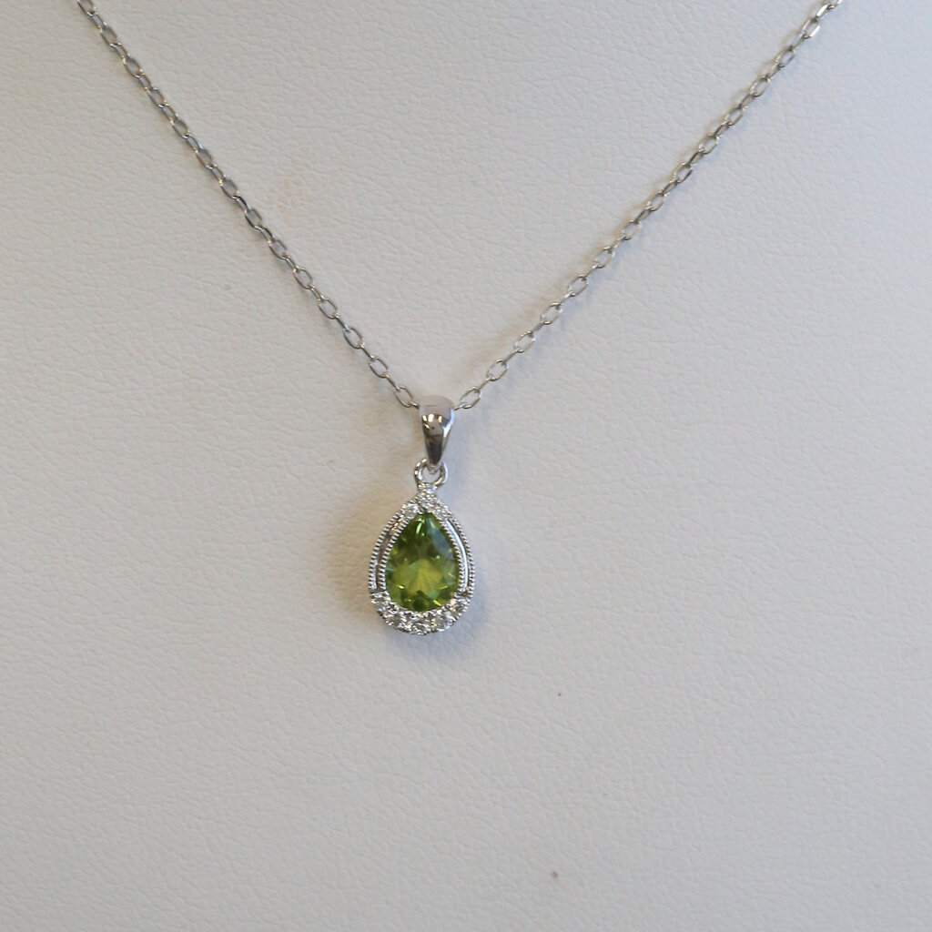 American Jewelry 14k White Gold .69ct Peridot .09ctw Diamond Pear Milgrain Necklace