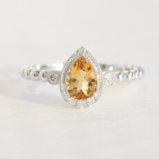 American Jewelry 14k White Gold .69ct Citrine .12ctw Diamond Accent Milgrain Pear Beaded Ring