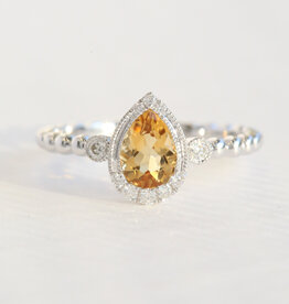American Jewelry 14k White Gold .69ct Citrine .12ctw Diamond Accent Milgrain Pear Beaded Ring