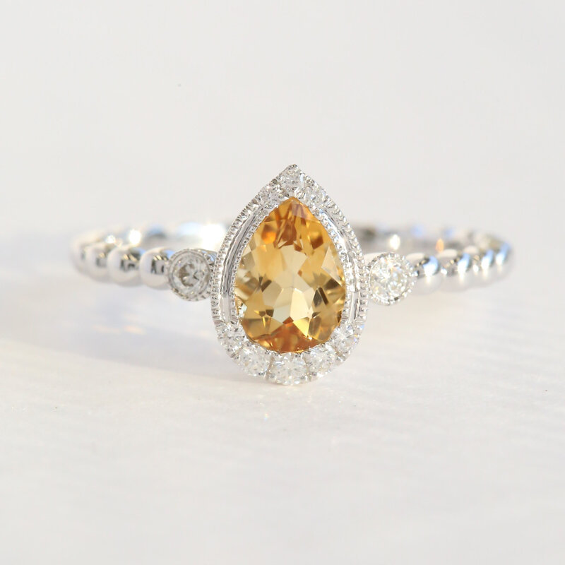 American Jewelry 14k White Gold .69ct Citrine .12ctw Diamond Accent Milgrain Pear Beaded Ring